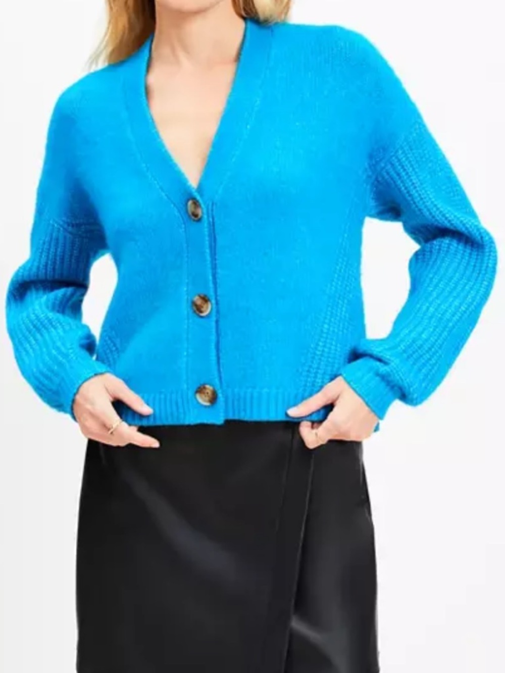 LOFT Fuzzy Chunky Teal V-Neck Button-Front Women's Sweater cardigan Sz S